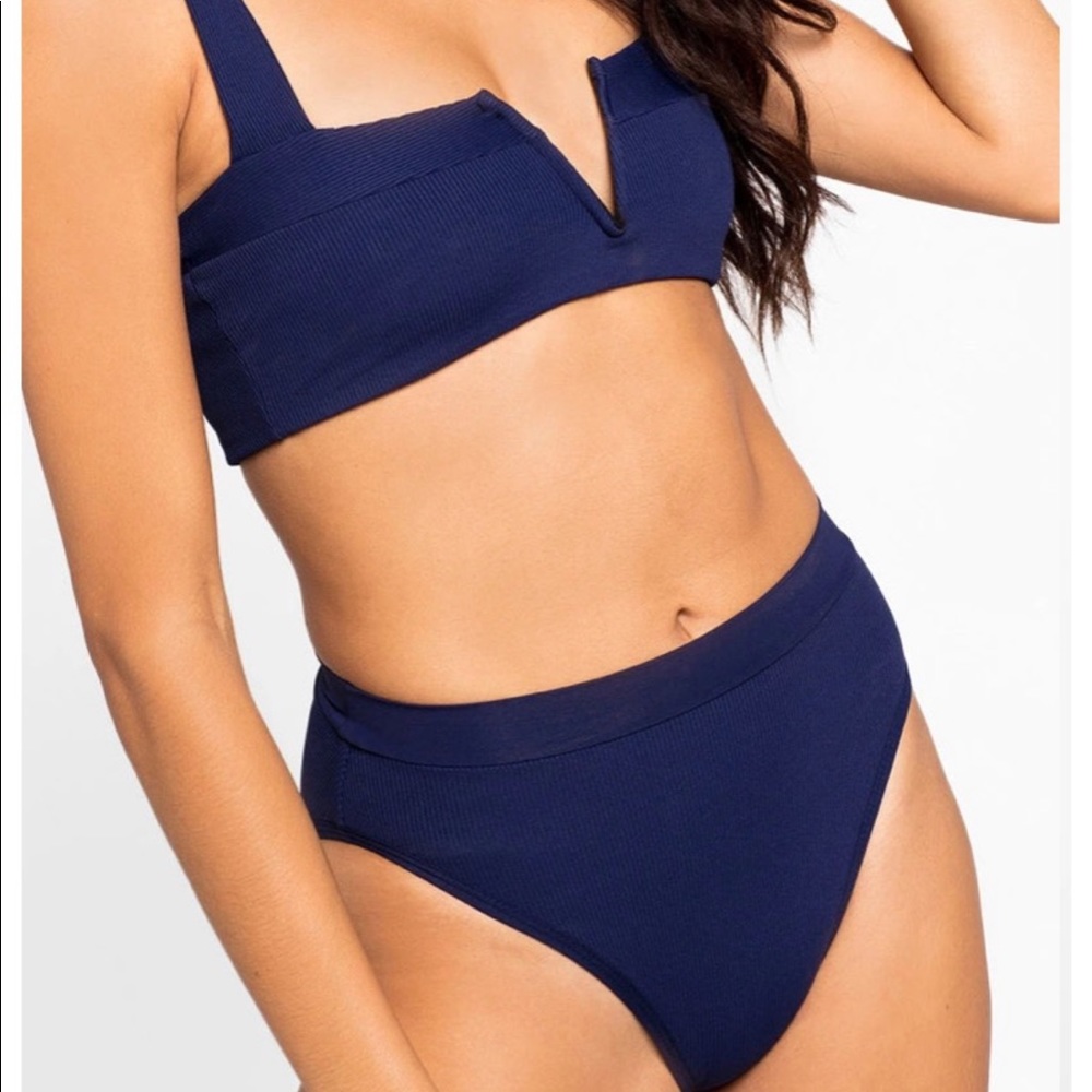 NWT L Space Womens Ribbed Bikini Set Navy Frenchie High Waisted Blue Small XS